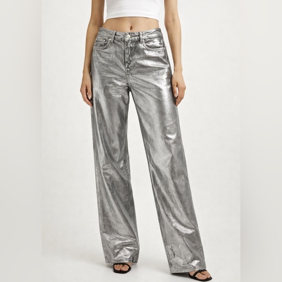 Mango Denim - Mango Metallic Gray Wide-Leg Pants